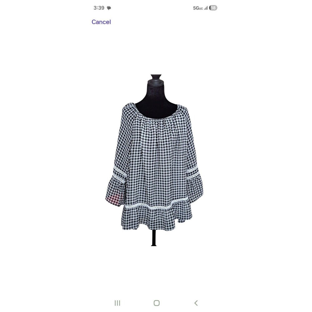John Paul Richard Peasant Blouse Gingham Black White 2X Bell Ruffle Lace